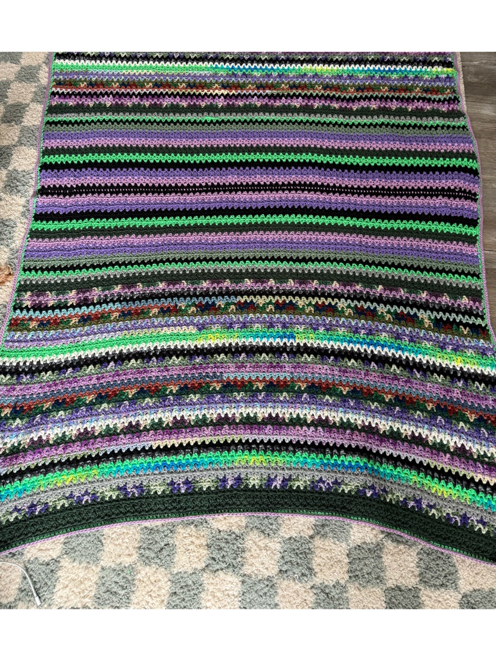 VTG Handmade Crochet Granny Square Afghan Blanket Throw Multi Color Boho Purple